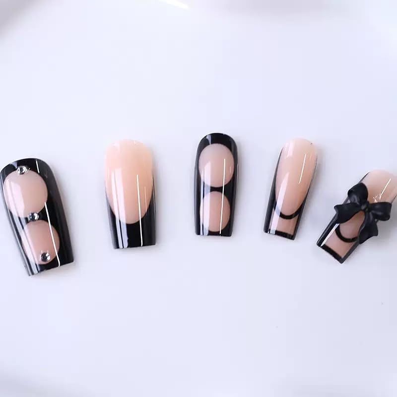 CTTHNBD Press on Nails Square - Black French Tip Fake Nails with Bow Rhinestone Design - Glossy Medium False Nails Press Ons- for Women Manicure 24 Pcs - Image 5
